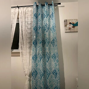 Mysky Home Bedroom Curtains Blue Geometric Pattern Silver Grommets (2)  Panels